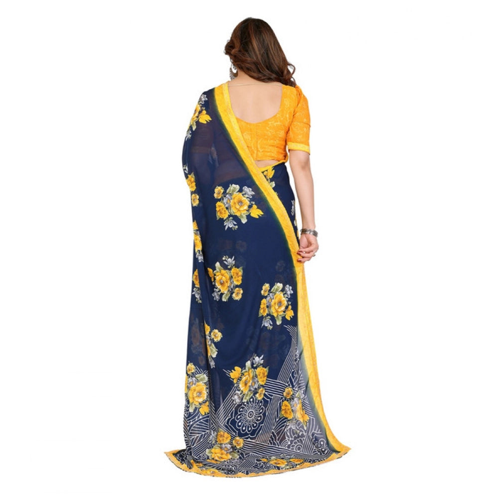 Women's Georgette Printed Saree With Unstitched Blouse 5.5Mtr (Blue) - VANSHELLE