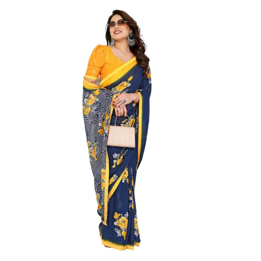 Women's Georgette Printed Saree With Unstitched Blouse 5.5Mtr (Blue) - VANSHELLE