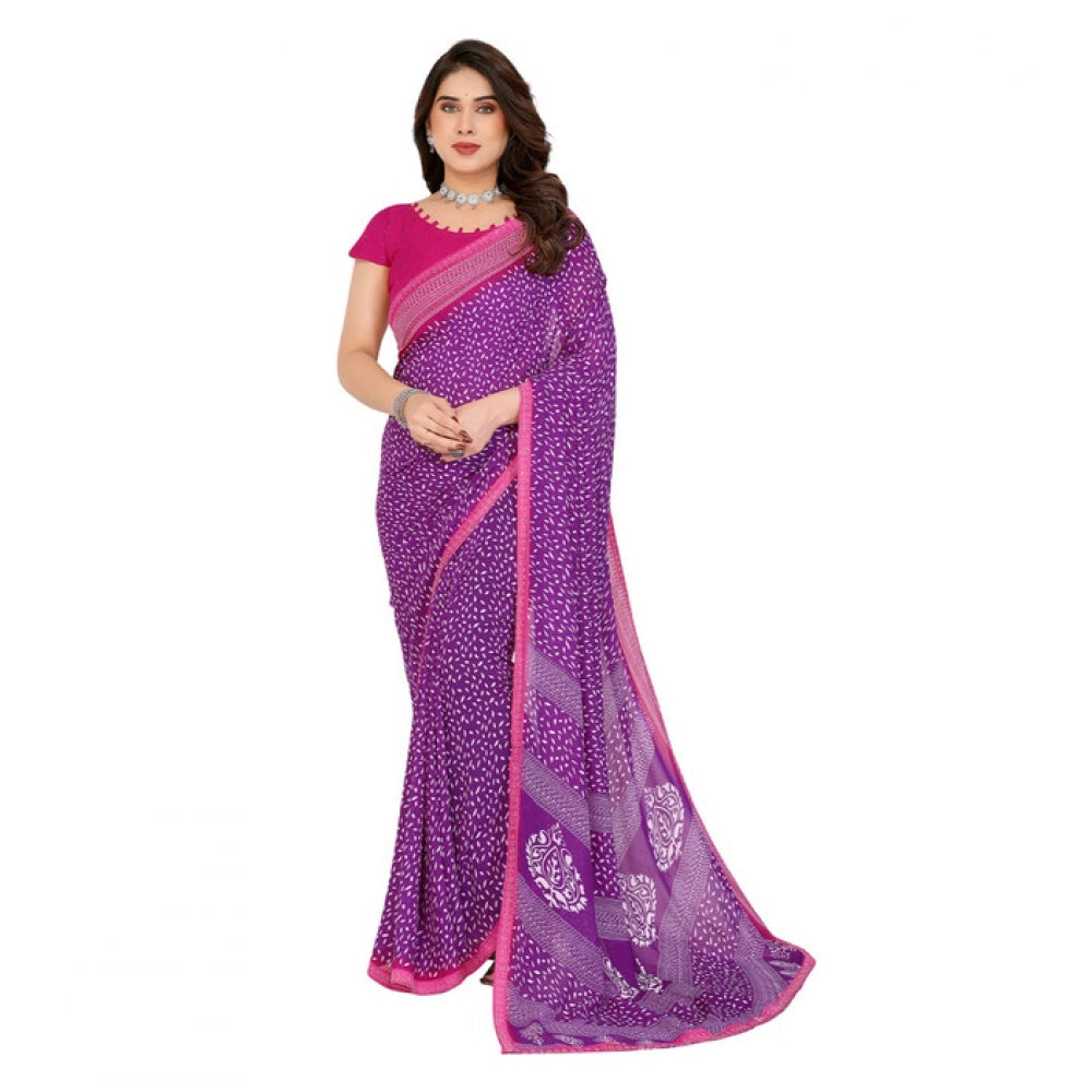 Women's Georgette Printed Saree With Unstitched Blouse 5.5Mtr (Purple) - VANSHELLE