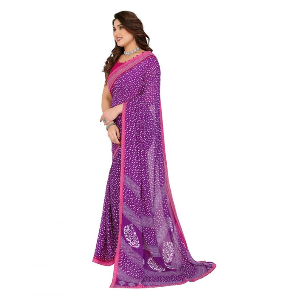 Women's Georgette Printed Saree With Unstitched Blouse 5.5Mtr (Purple) - VANSHELLE