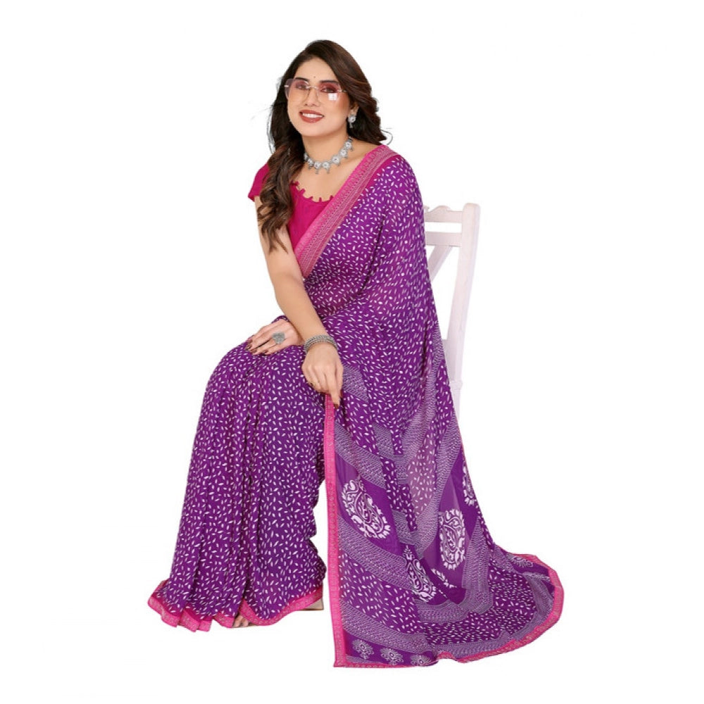 Women's Georgette Printed Saree With Unstitched Blouse 5.5Mtr (Purple) - VANSHELLE
