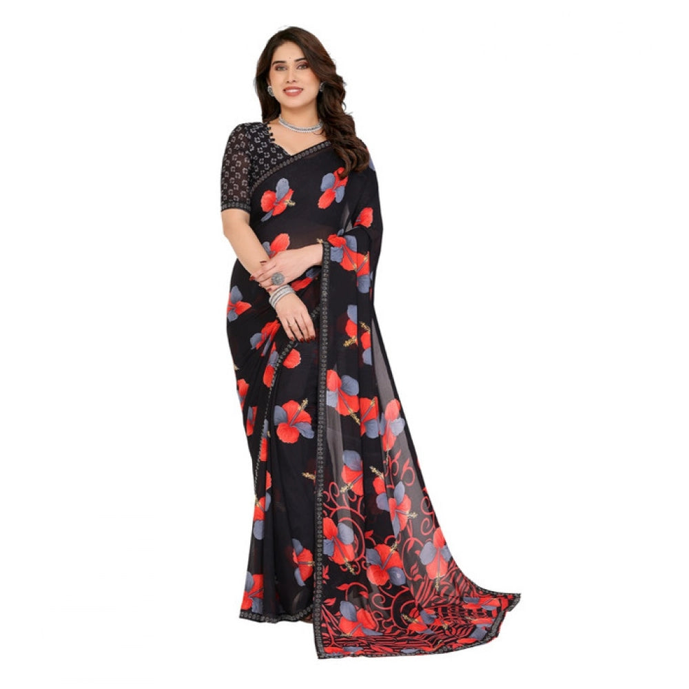 Women's Georgette Printed Saree With Unstitched Blouse 5.5Mtr (Black) - VANSHELLE