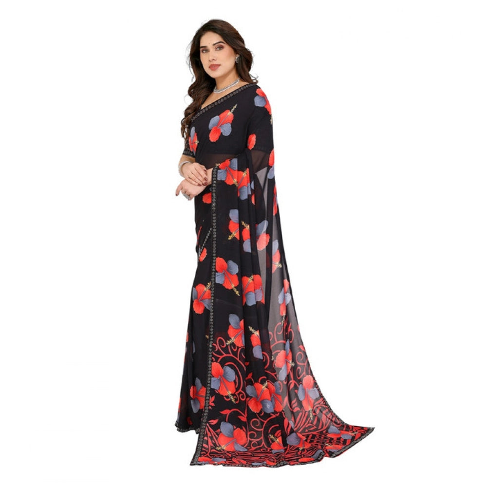 Women's Georgette Printed Saree With Unstitched Blouse 5.5Mtr (Black) - VANSHELLE