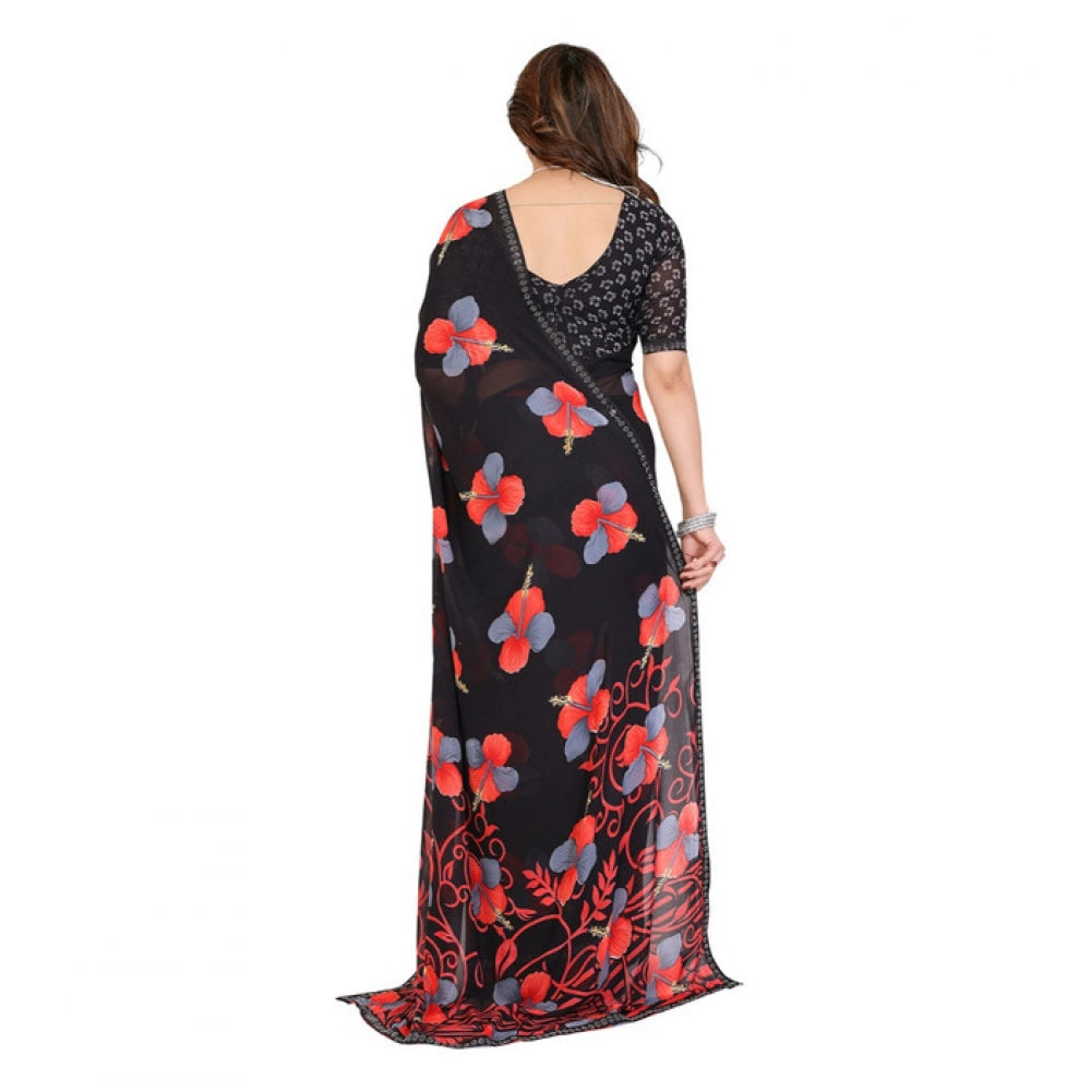 Women's Georgette Printed Saree With Unstitched Blouse 5.5Mtr (Black) - VANSHELLE