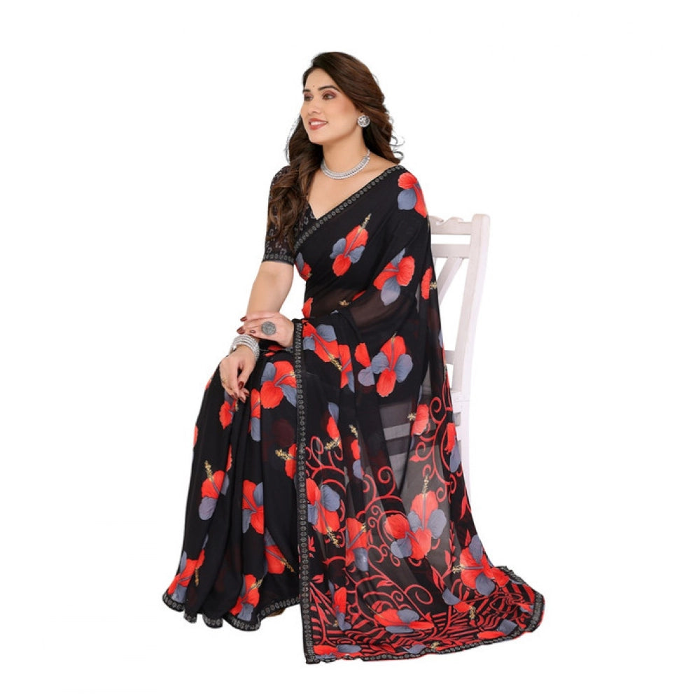 Women's Georgette Printed Saree With Unstitched Blouse 5.5Mtr (Black) - VANSHELLE