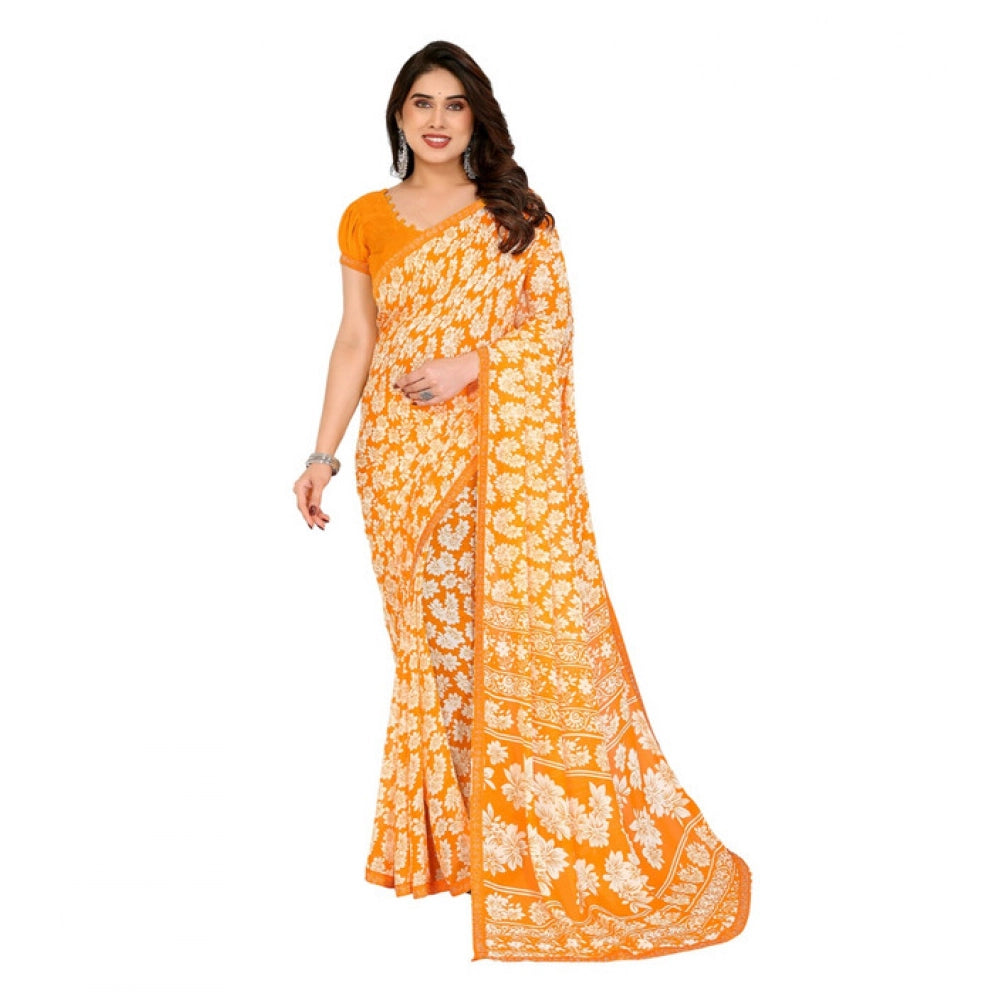 Women's Georgette Printed Saree With Unstitched Blouse 5.5Mtr (Yellow) - VANSHELLE