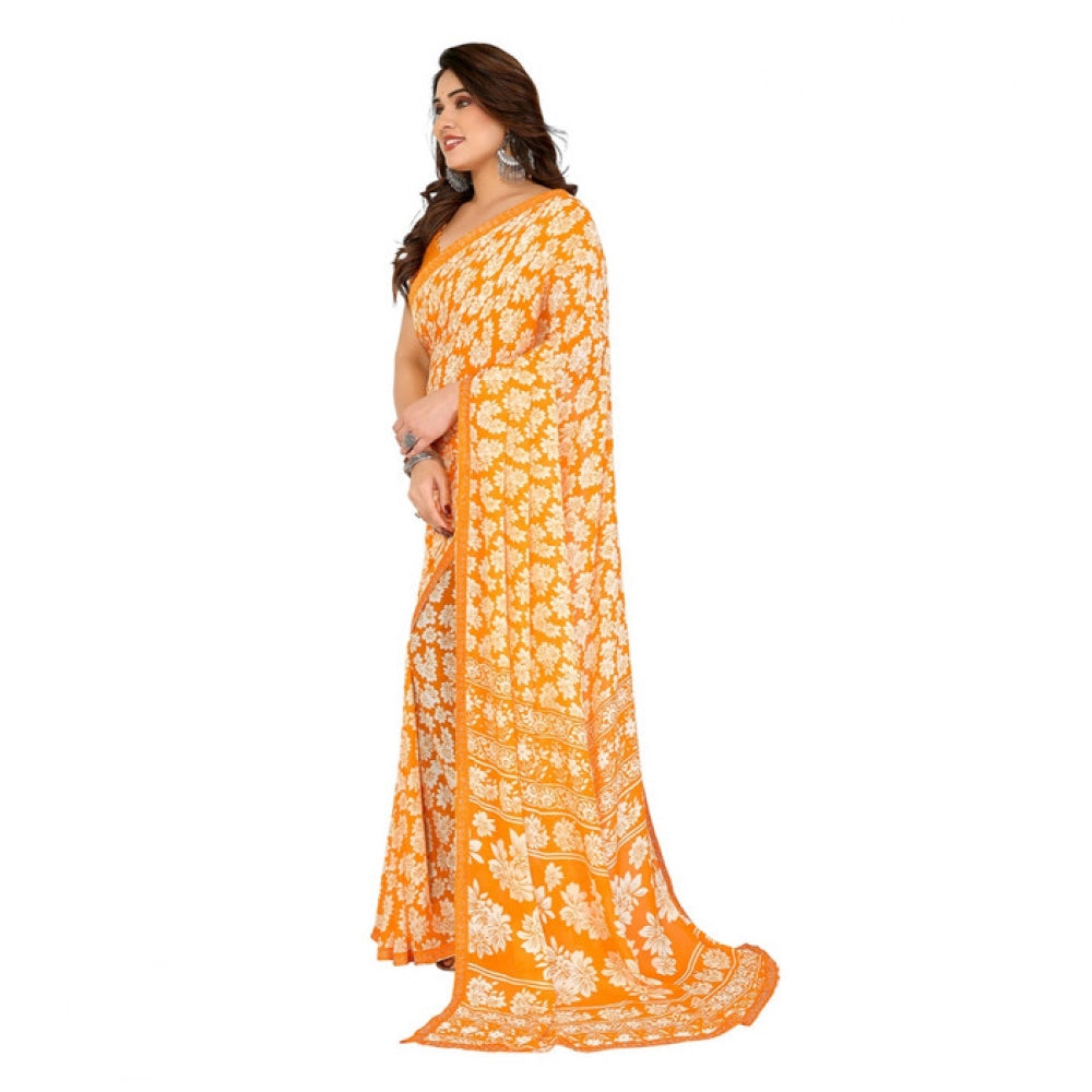 Women's Georgette Printed Saree With Unstitched Blouse 5.5Mtr (Yellow) - VANSHELLE