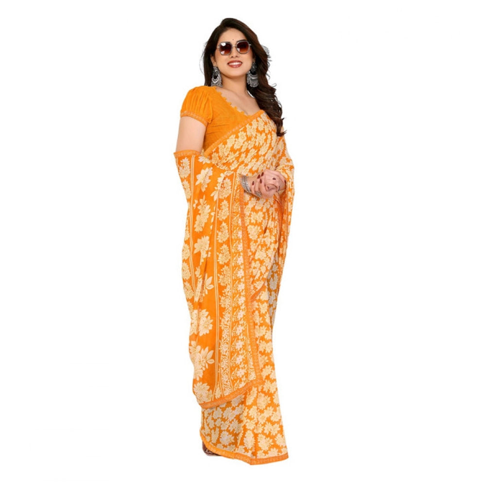 Women's Georgette Printed Saree With Unstitched Blouse 5.5Mtr (Yellow) - VANSHELLE