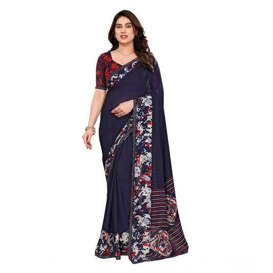 Women's Georgette Printed Saree With Unstitched Blouse 5.5Mtr (Navy Blue) - VANSHELLE