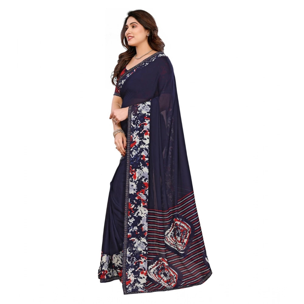 Women's Georgette Printed Saree With Unstitched Blouse 5.5Mtr (Navy Blue) - VANSHELLE
