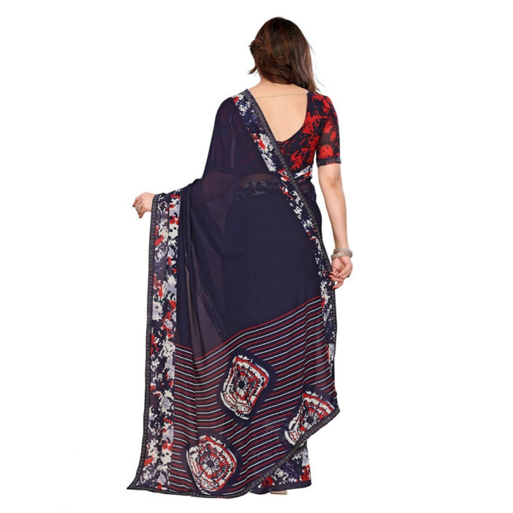 Women's Georgette Printed Saree With Unstitched Blouse 5.5Mtr (Navy Blue) - VANSHELLE
