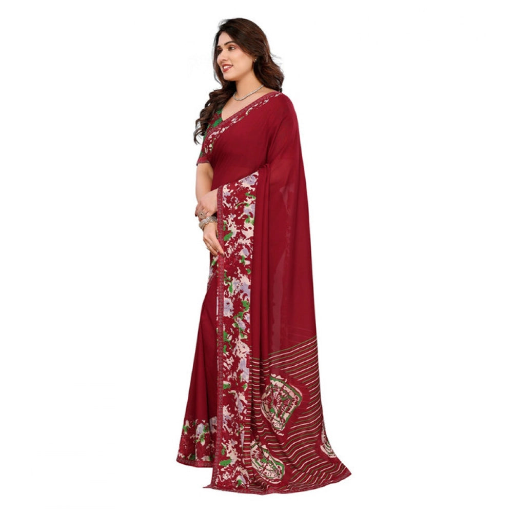 Women's Georgette Printed Saree With Unstitched Blouse 5.5Mtr (Red) - VANSHELLE