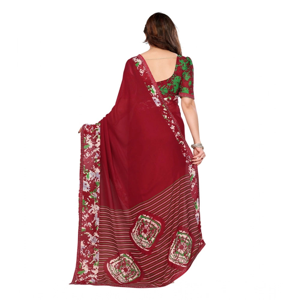 Women's Georgette Printed Saree With Unstitched Blouse 5.5Mtr (Red) - VANSHELLE