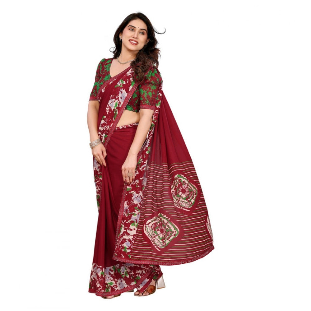 Women's Georgette Printed Saree With Unstitched Blouse 5.5Mtr (Red) - VANSHELLE