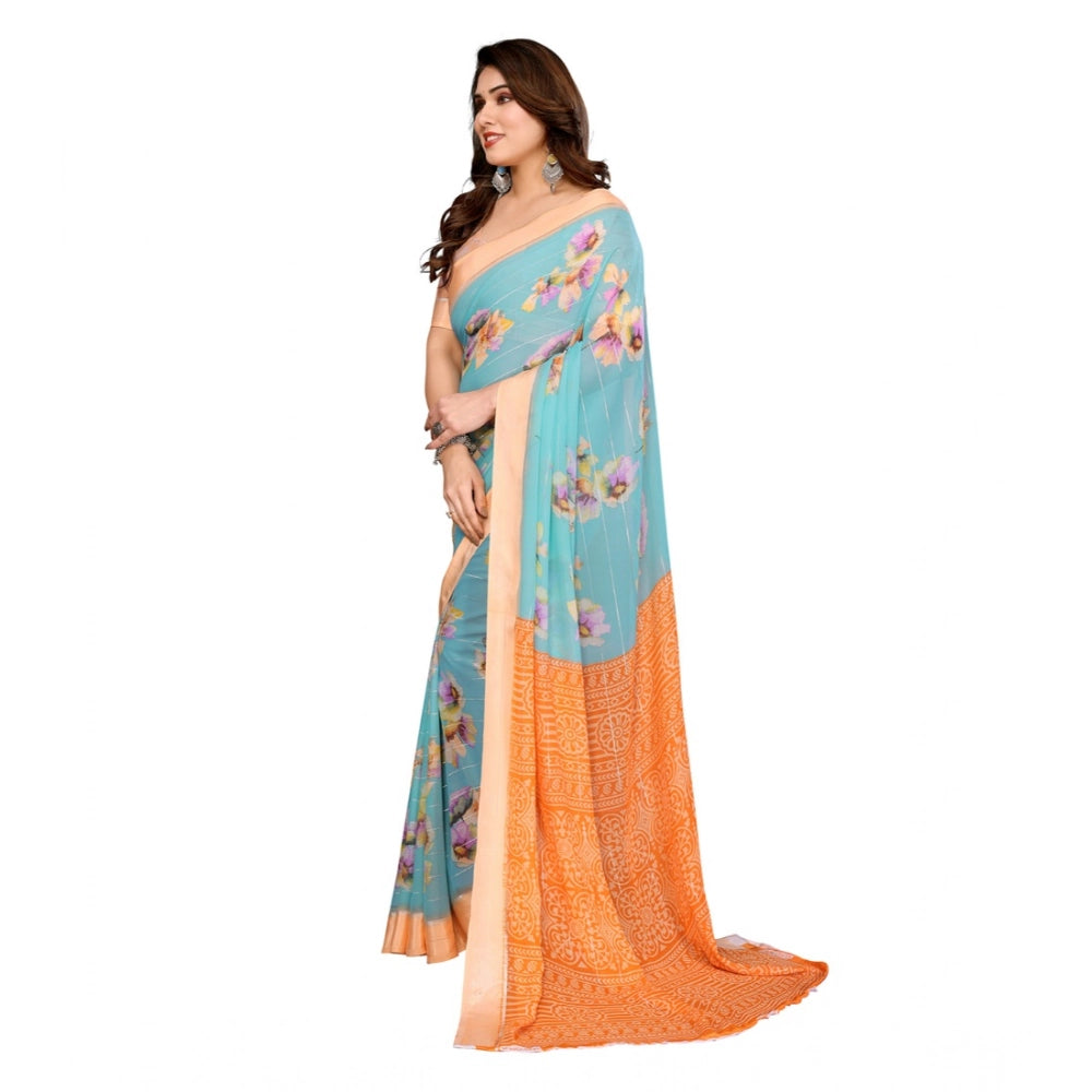 Women's Georgette Printed Saree With Unstitched Blouse 5.5Mtr (Light Blue) - VANSHELLE