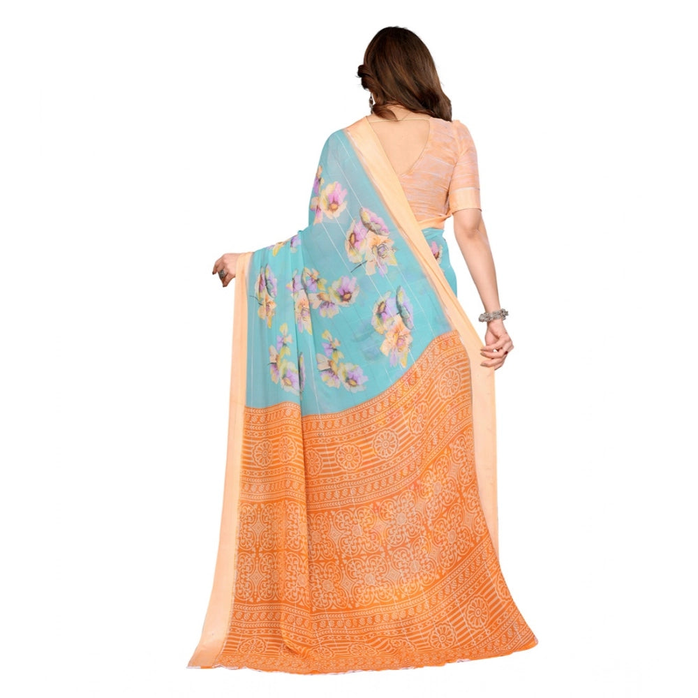 Women's Georgette Printed Saree With Unstitched Blouse 5.5Mtr (Light Blue) - VANSHELLE
