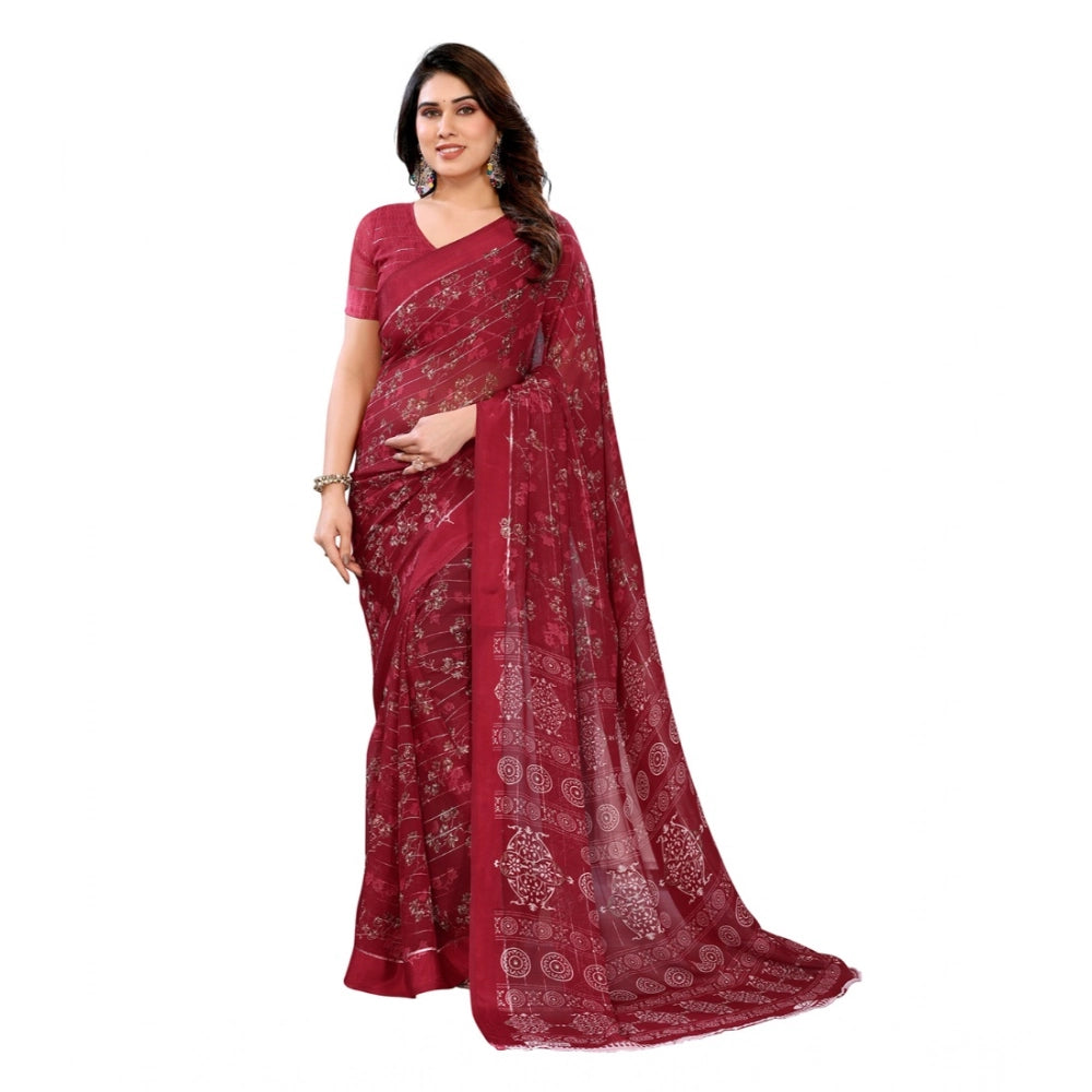 Women's Georgette Printed Saree With Unstitched Blouse 5.5Mtr (Red) by Vanshelle