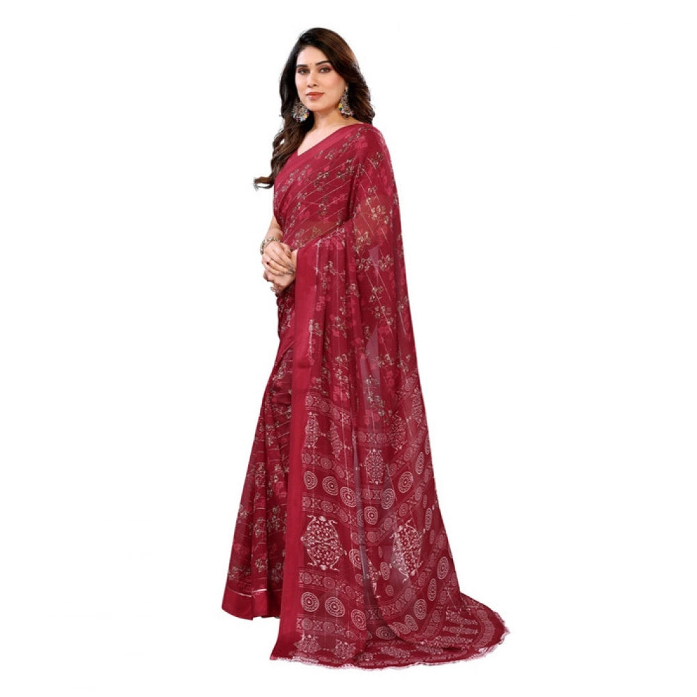Women's Georgette Printed Saree With Unstitched Blouse 5.5Mtr (Red) - VANSHELLE