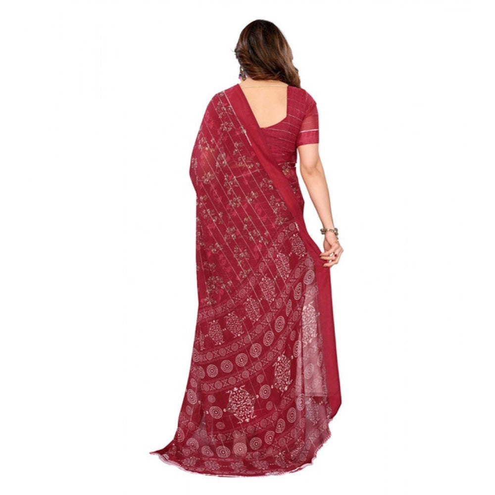 Women's Georgette Printed Saree With Unstitched Blouse 5.5Mtr (Red) - VANSHELLE