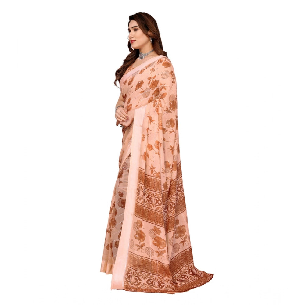 Women's Georgette Printed Saree With Unstitched Blouse 5.5Mtr (Brown) - VANSHELLE