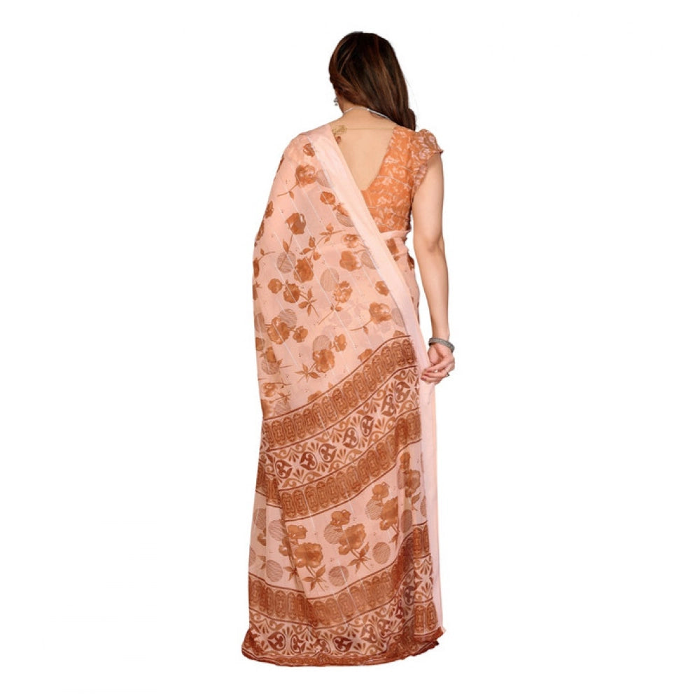 Women's Georgette Printed Saree With Unstitched Blouse 5.5Mtr (Brown) - VANSHELLE