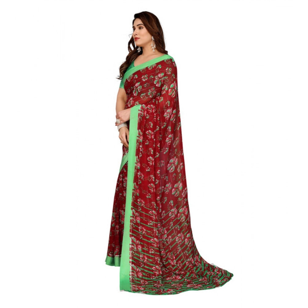 Women's Georgette Printed Saree With Unstitched Blouse 5.5Mtr (Red) - VANSHELLE