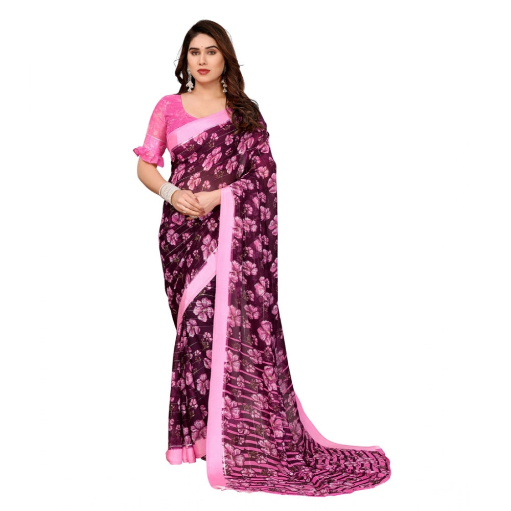 Women's Georgette Printed Saree With Unstitched Blouse 5.5Mtr (Pink) - VANSHELLE
