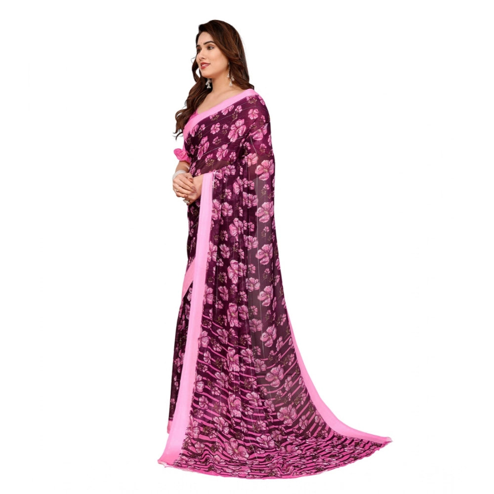 Women's Georgette Printed Saree With Unstitched Blouse 5.5Mtr (Pink) - VANSHELLE