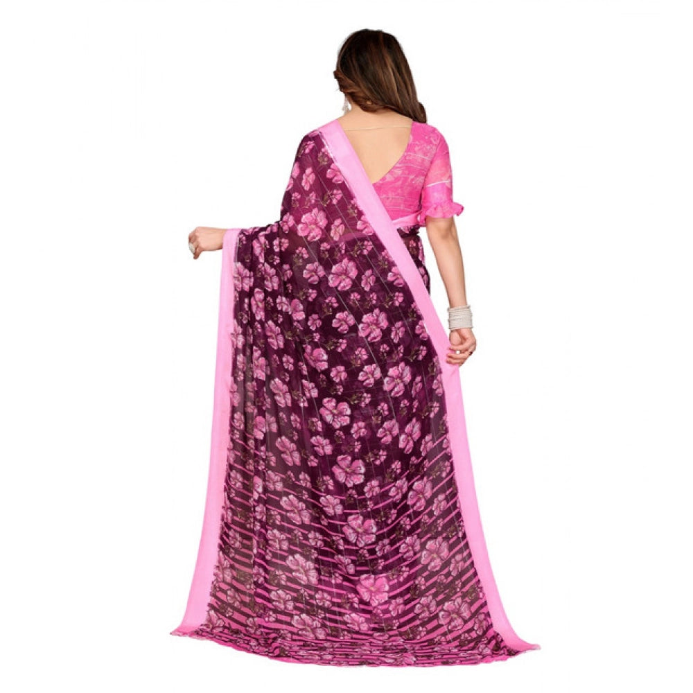 Women's Georgette Printed Saree With Unstitched Blouse 5.5Mtr (Pink) - VANSHELLE