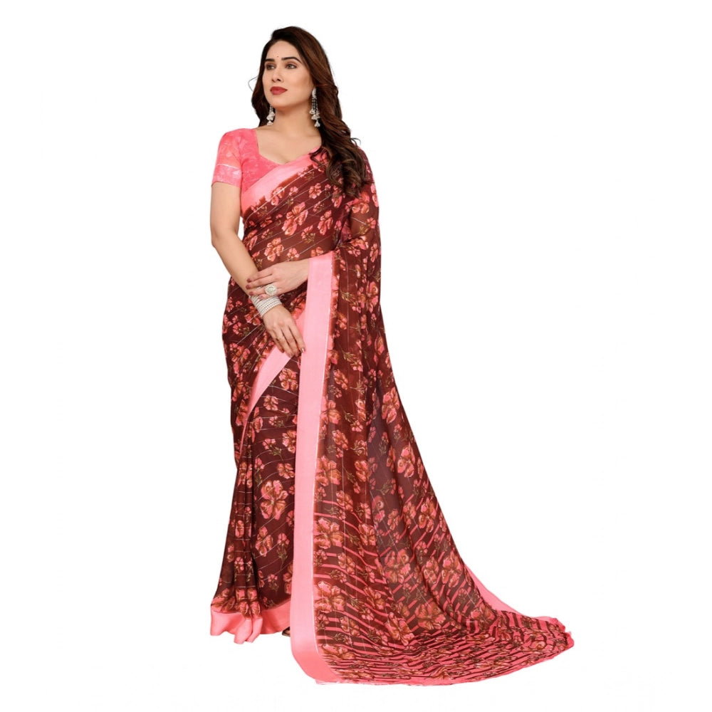 Women's Georgette Printed Saree With Unstitched Blouse 5.5Mtr (Maroon) - VANSHELLE