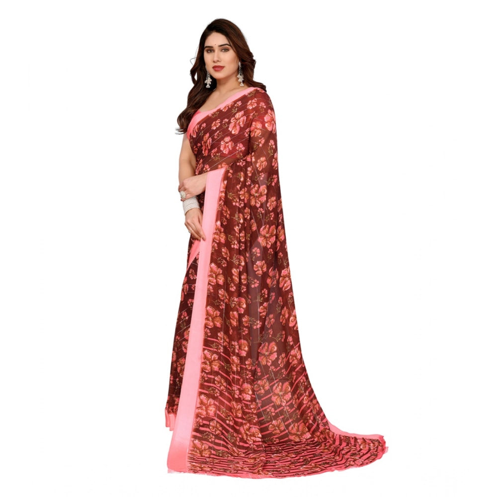 Women's Georgette Printed Saree With Unstitched Blouse 5.5Mtr (Maroon) - VANSHELLE