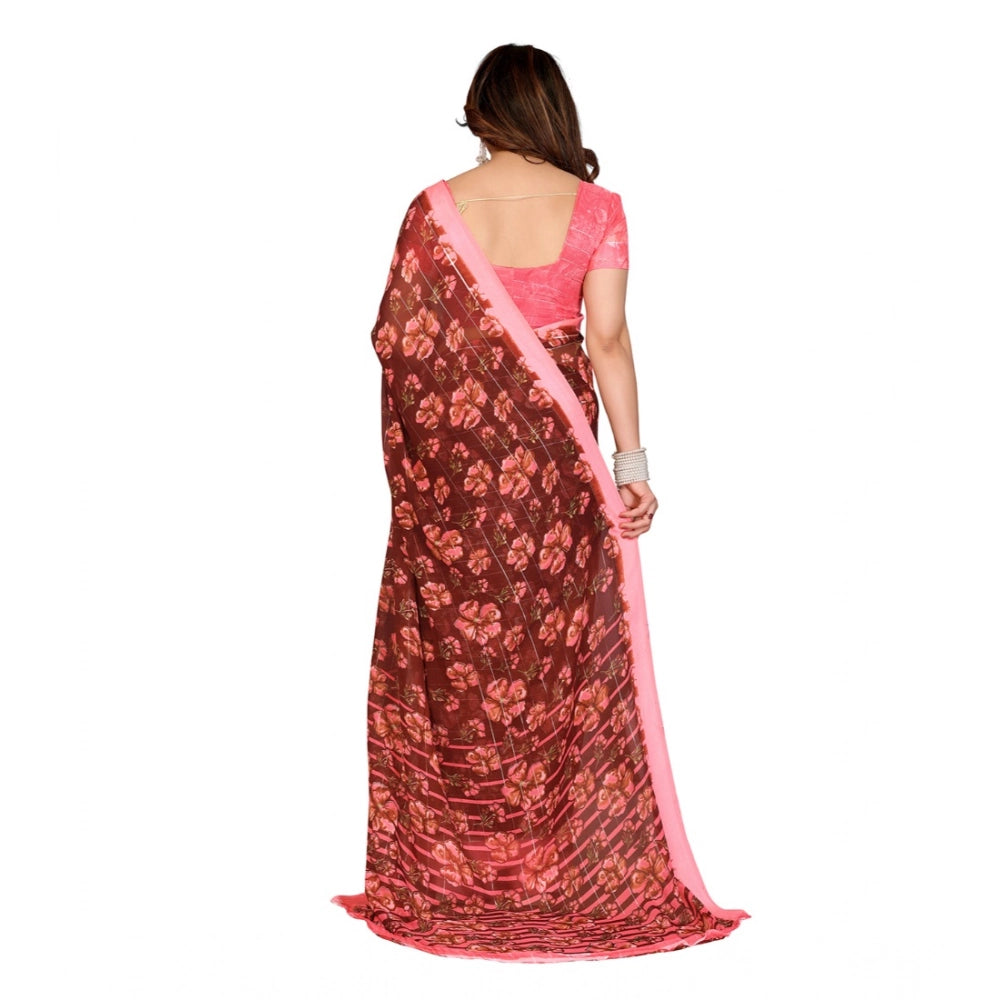 Women's Georgette Printed Saree With Unstitched Blouse 5.5Mtr (Maroon) - VANSHELLE