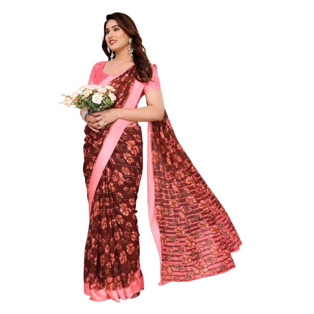 Women's Georgette Printed Saree With Unstitched Blouse 5.5Mtr (Maroon) - VANSHELLE
