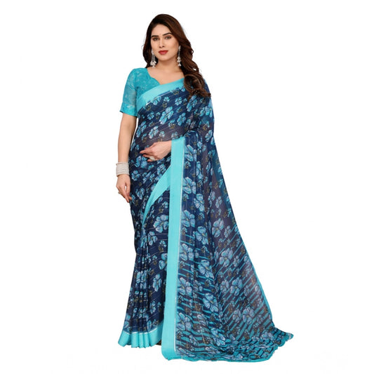 Women's Georgette Printed Saree With Unstitched Blouse 5.5Mtr (Sky Blue) - VANSHELLE