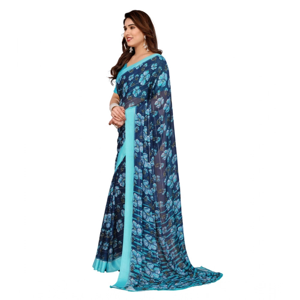 Women's Georgette Printed Saree With Unstitched Blouse 5.5Mtr (Sky Blue) - VANSHELLE