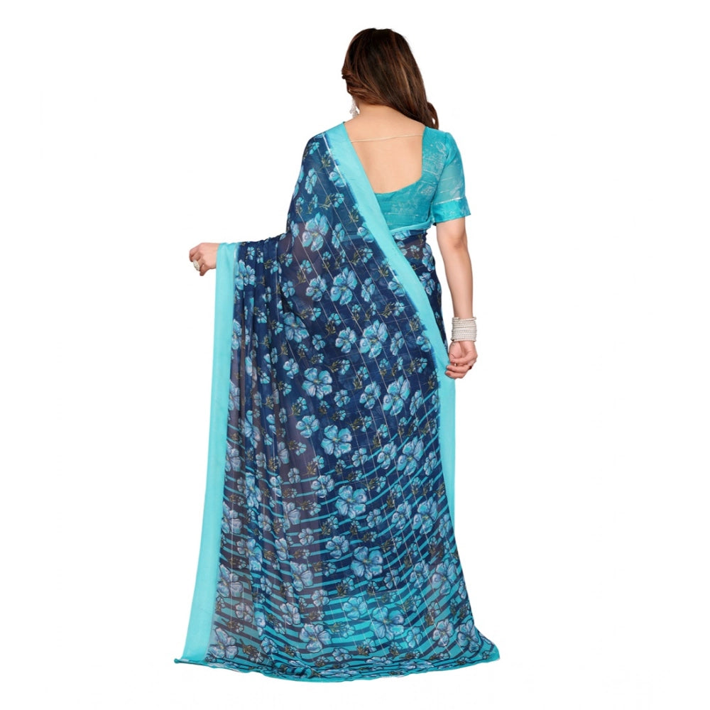 Women's Georgette Printed Saree With Unstitched Blouse 5.5Mtr (Sky Blue) - VANSHELLE