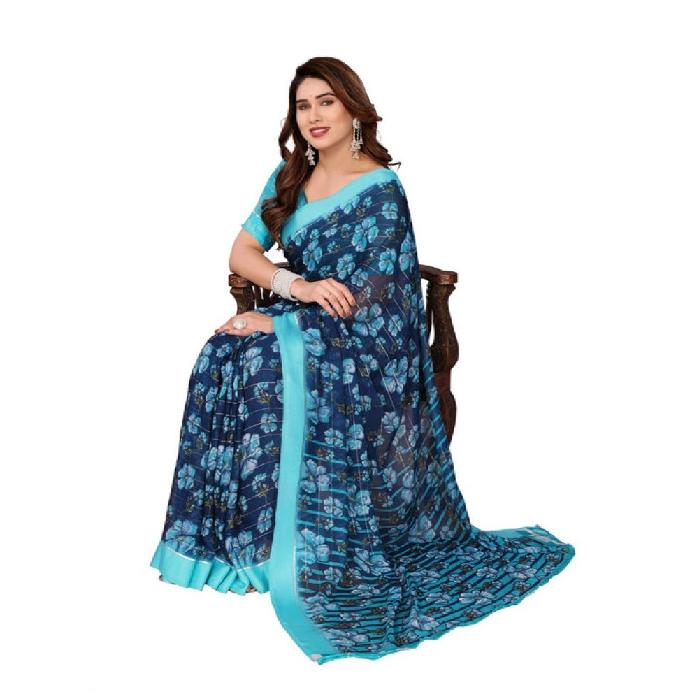 Women's Georgette Printed Saree With Unstitched Blouse 5.5Mtr (Sky Blue) - VANSHELLE