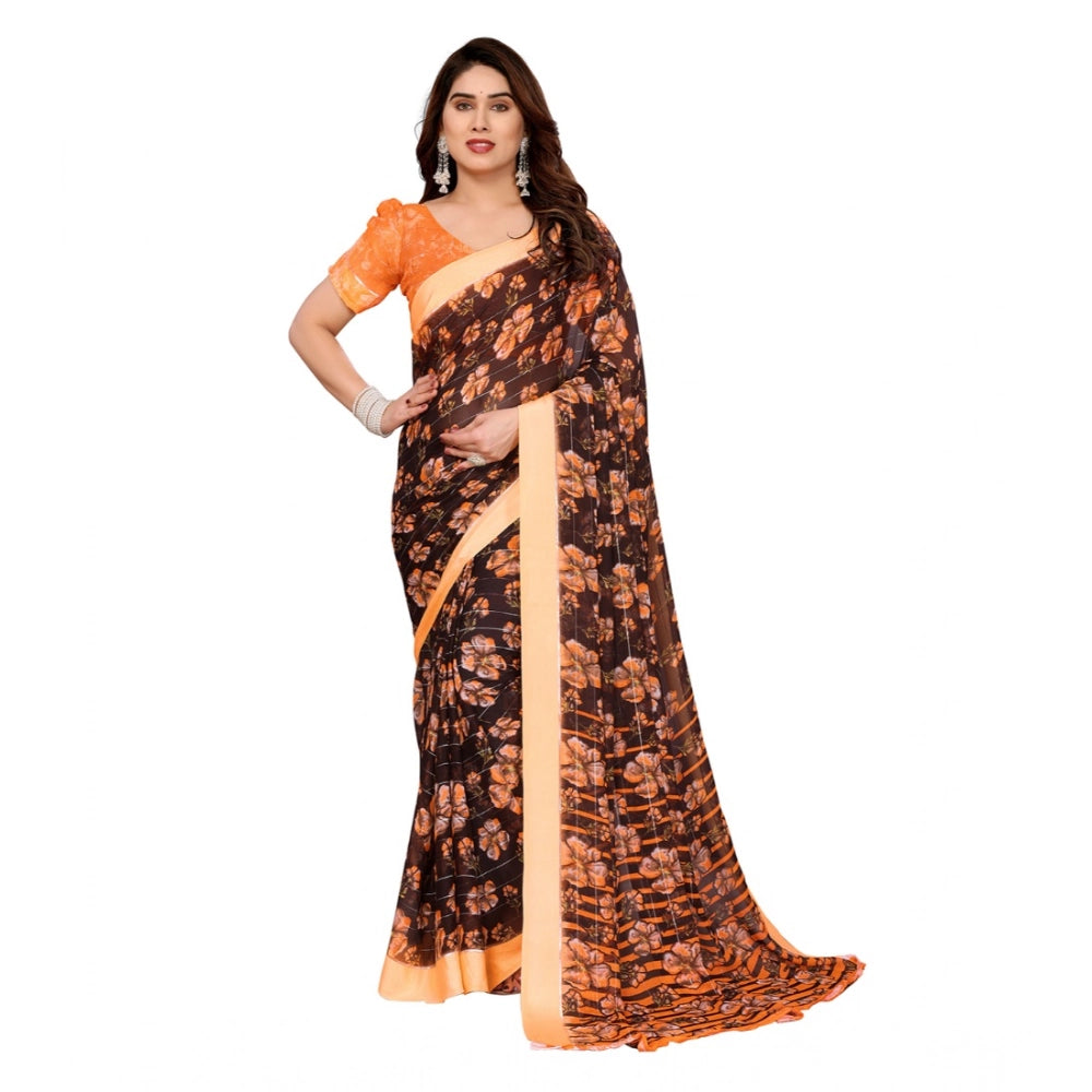 Women's Georgette Printed Saree With Unstitched Blouse 5.5Mtr (Brown) - VANSHELLE
