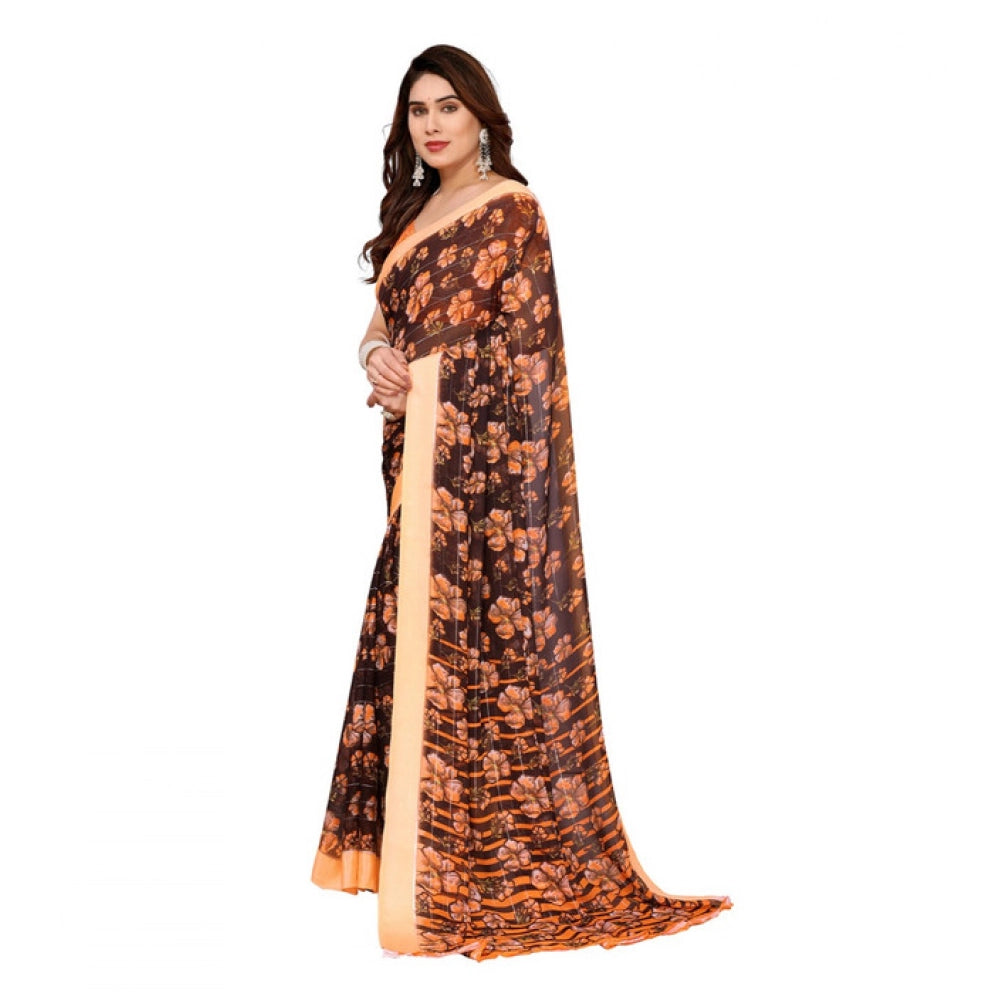 Women's Georgette Printed Saree With Unstitched Blouse 5.5Mtr (Brown) - VANSHELLE