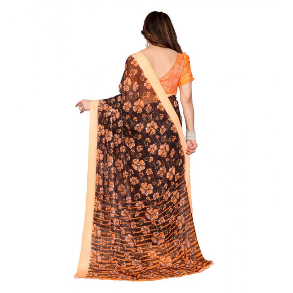 Women's Georgette Printed Saree With Unstitched Blouse 5.5Mtr (Brown) - VANSHELLE