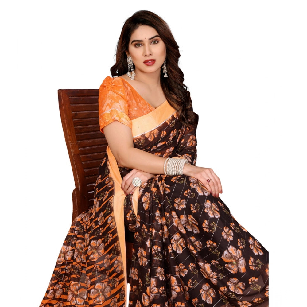 Women's Georgette Printed Saree With Unstitched Blouse 5.5Mtr (Brown) - VANSHELLE