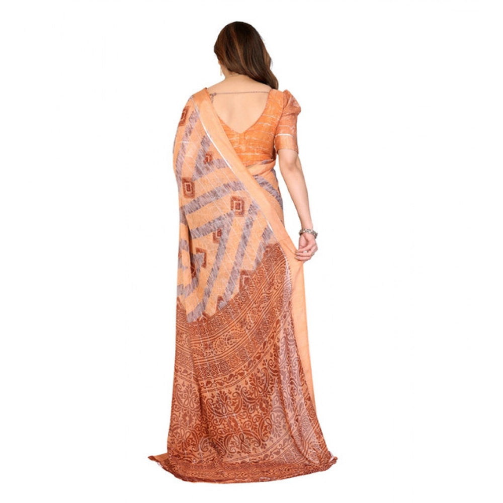 Women's Georgette Printed Saree With Unstitched Blouse 5.5Mtr (Orange) - VANSHELLE