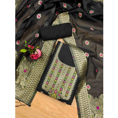 Women's Banarasi Silk Printed Unstitched Salwar Suit Material With Dupatta (Black, 3Mtrs)