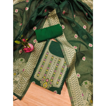 Women's Banarasi Silk Printed Unstitched Salwar Suit Material With Dupatta (Bottle Green, 3Mtrs)