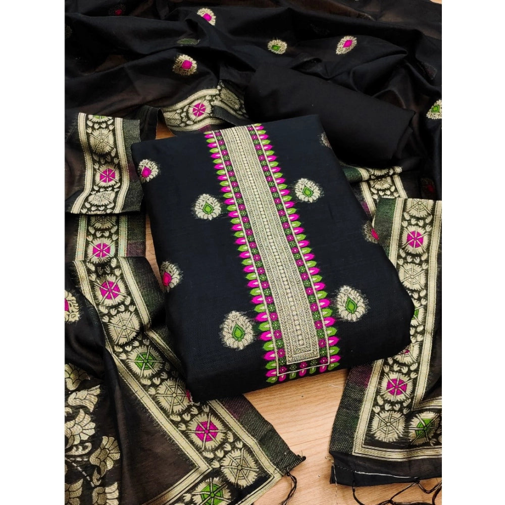 Women's Banarasi Silk Printed Unstitched Salwar Suit Material With Dupatta (Black, 3Mtrs) - VANSHELLE