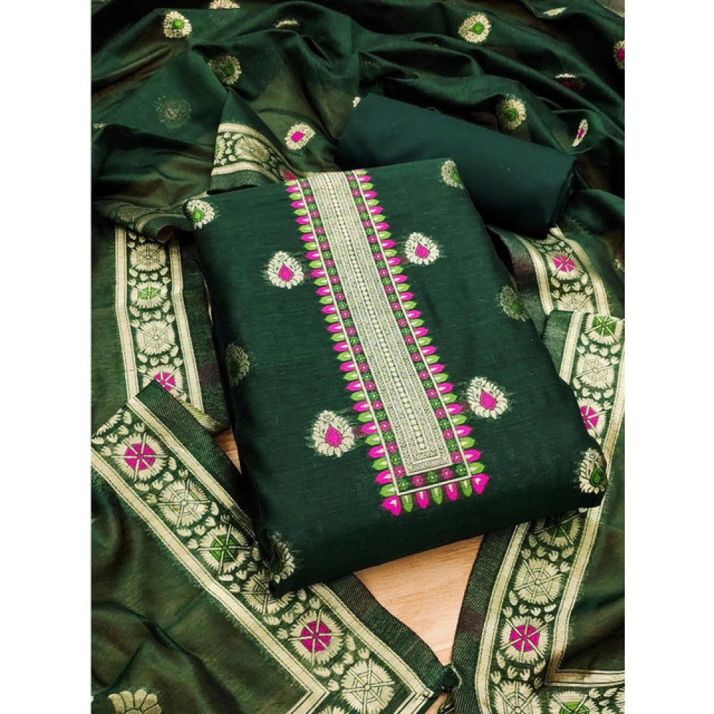Women's Banarasi Silk Printed Unstitched Salwar Suit Material With Dupatta (Bottle Green, 3Mtrs) - VANSHELLE