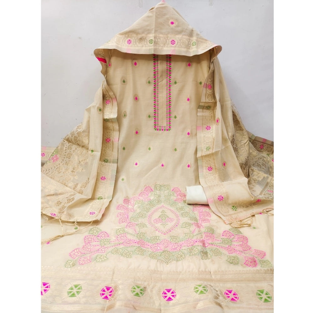 Women's Banarasi Silk Printed Unstitched Salwar Suit Material With Dupatta (Cream, 3Mtrs) - VANSHELLE