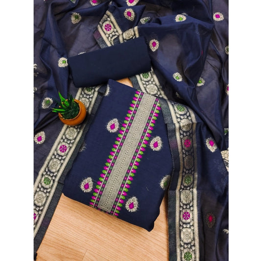 Women's Banarasi Silk Printed Unstitched Salwar Suit Material With Dupatta (Navy Blue, 3Mtrs) - VANSHELLE