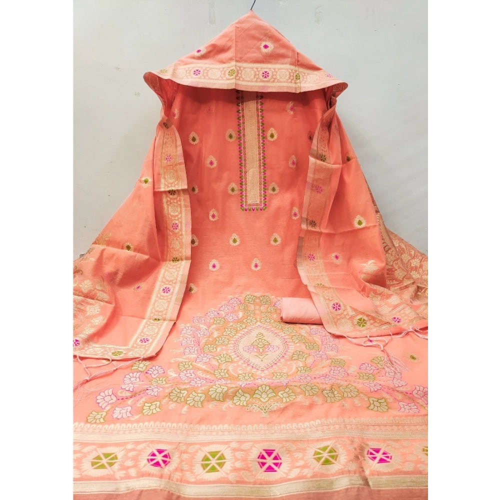 Women's Banarasi Silk Printed Unstitched Salwar Suit Material With Dupatta (Peach, 3Mtrs) - VANSHELLE