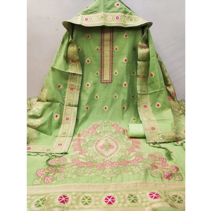 Women's Banarasi Silk Printed Unstitched Salwar Suit Material With Dupatta (Pista, 3Mtrs)